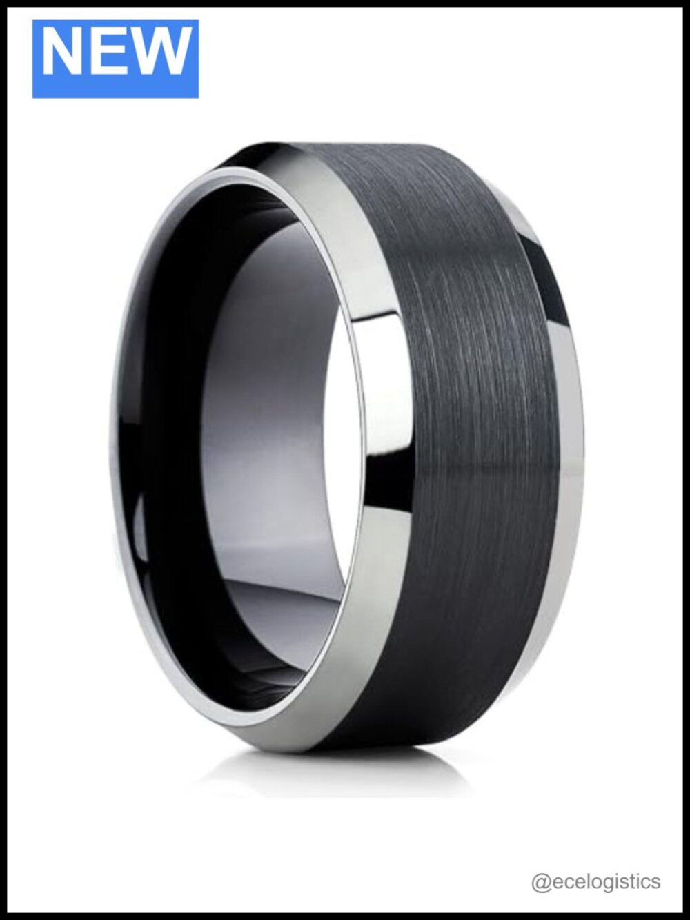 10mm Black Tungsten Wedding Ring Silver Beveled Edges Comfort Fit